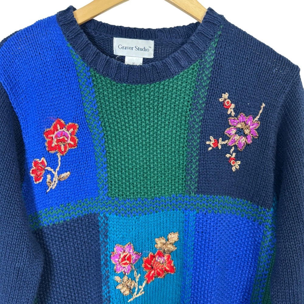 Vintage Sweater Womens Medium Floral Embroidered Chunky Cotton Ramie Patchwork - Picture 3 of 8